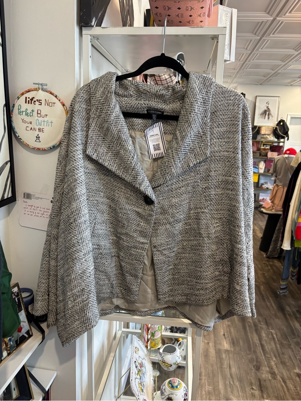 Eileen Fisher Gray Textured Shawl-Collar Cape jacket